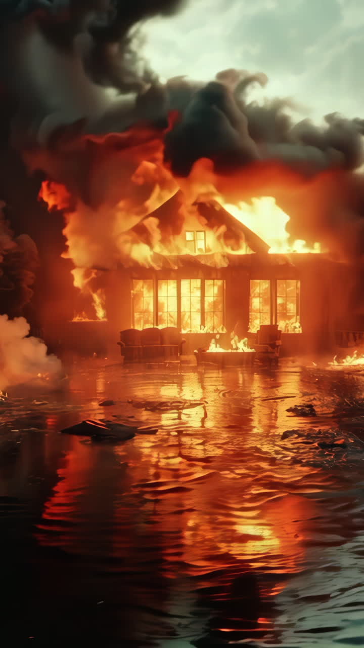 A house is on fire and the water is reflecting the flames. Scene is intense and chaotic