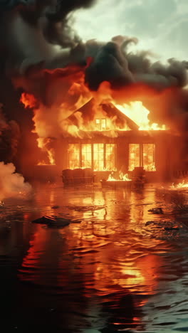 a house is on fire and the water is reflecting the flames. scene is intense and chaotic