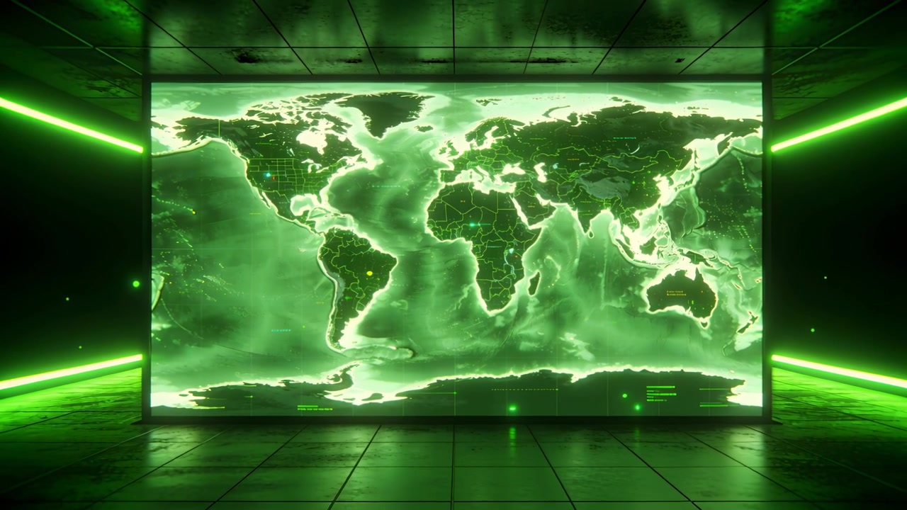 Accensione di un display illuminato con mappa del mondo in una sala operativa, con indicatori pulsanti e HUD che segnalano il monitoraggio attivo