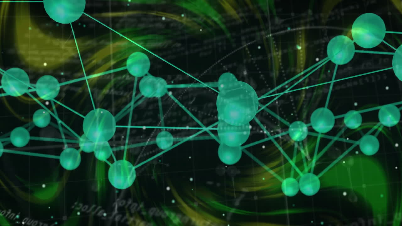Animation of green molecular structure with interconnected spheres on abstract background