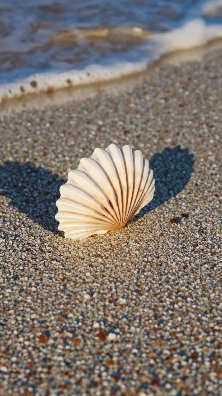 Close-up of a seashell on sandy beach, captured at eye level. The warm tones and detailed texture