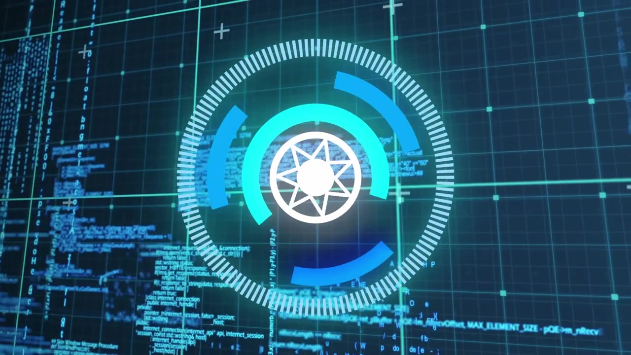 Animation of abstract pattern in circles over grid pattern against computer language