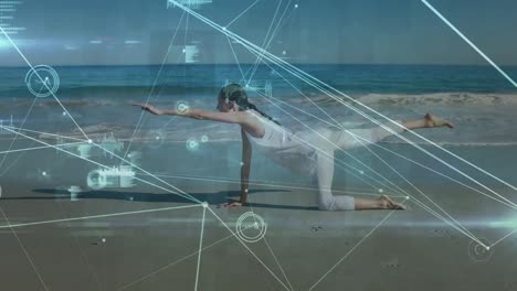 animation of connections over biracial woman practicing yoga on beach at sunset