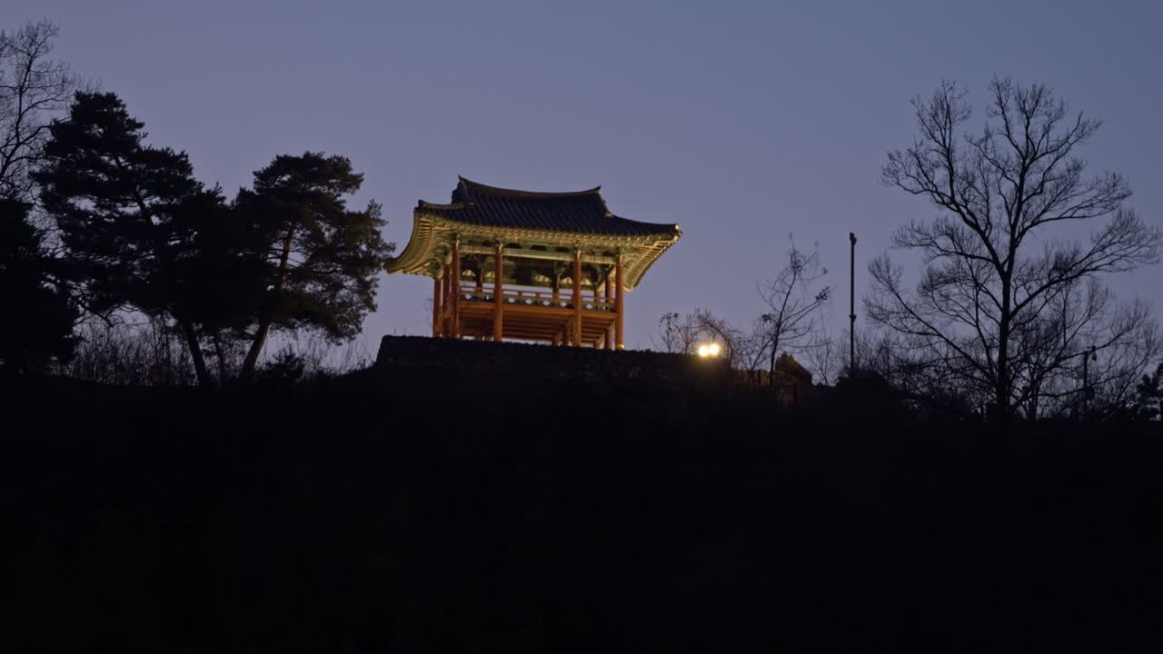 Manharu Pavilion Of Gongsanseong Fortress Against Twilight Sky In Gongju, Chungcheongnam-do Province, South Korea. low angle shot