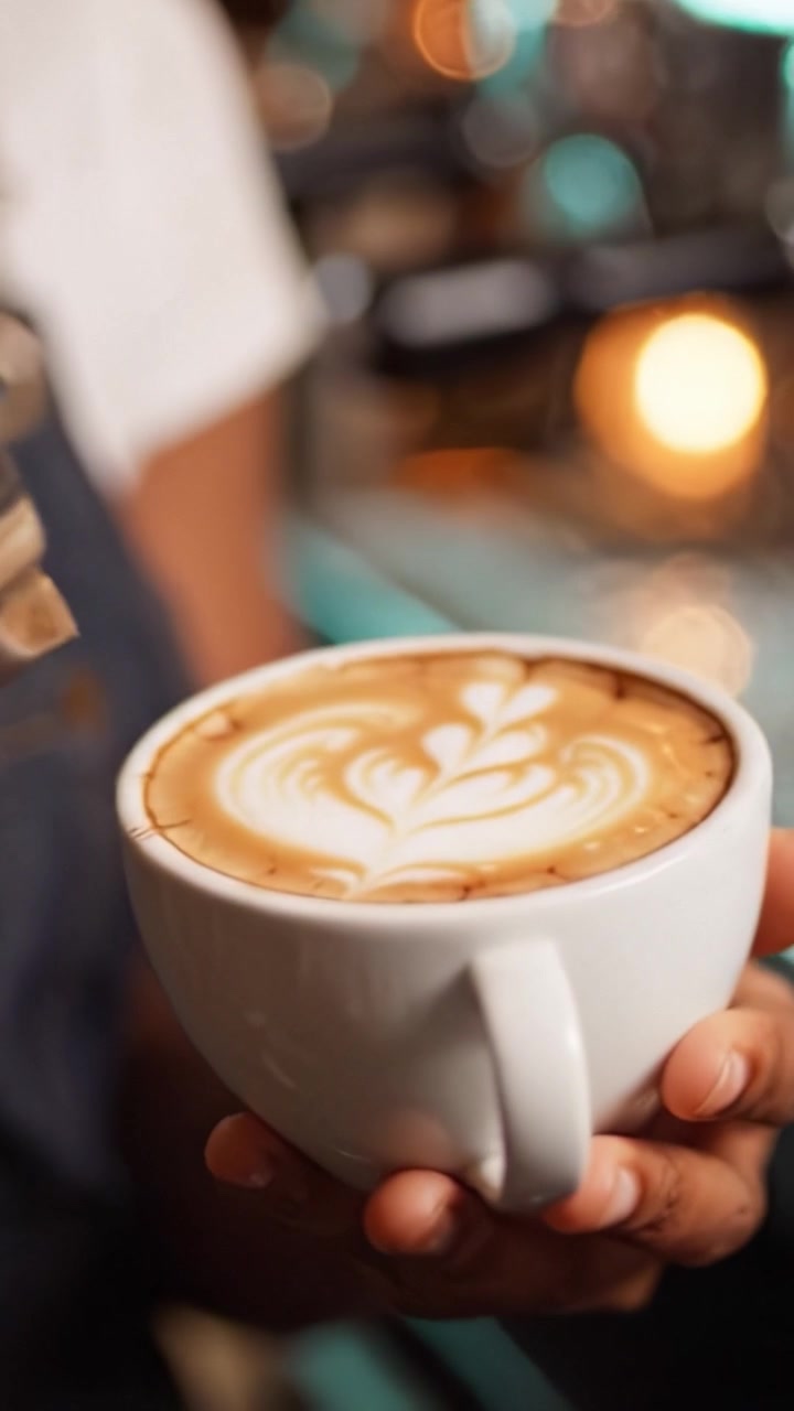 Un barista versa con maestria latte montato a vapore in una tazza di caffè, creando una bellissima latte art con spirali e texture cremose in un accogliente ambiente da caffè.
