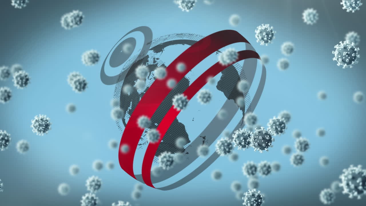 animación de células de covid 19 volando sobre el globo