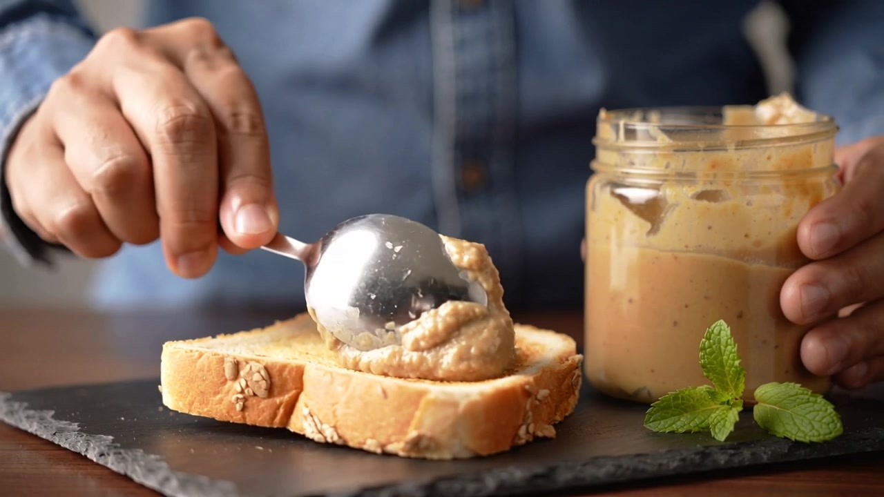 Reaching denim-shirted hands scooping spoon from glass jar at counter, spreading to make toast