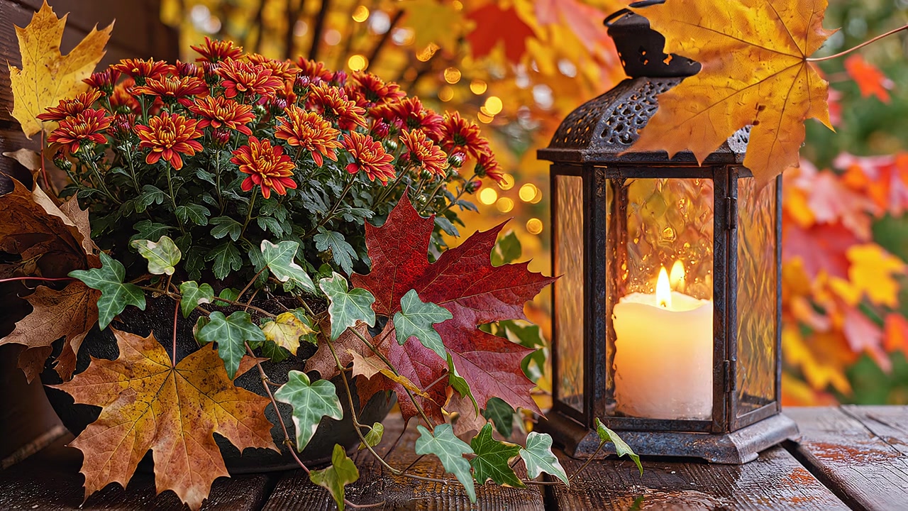 Acogedora decoración de porche de otoño con farol de vela y flores naranjas.