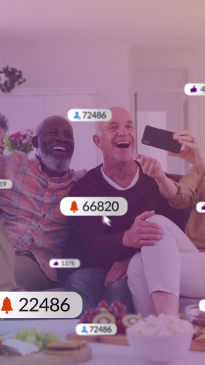 Animation af medieikoner over mangfoldig gruppe ældre, der bruger smartphone