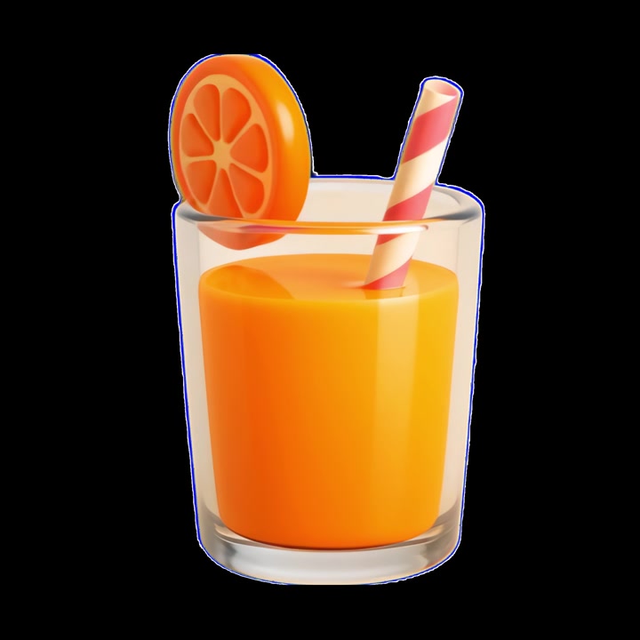 Animazione 3D di un bicchiere di succo d'arancia in rotazione