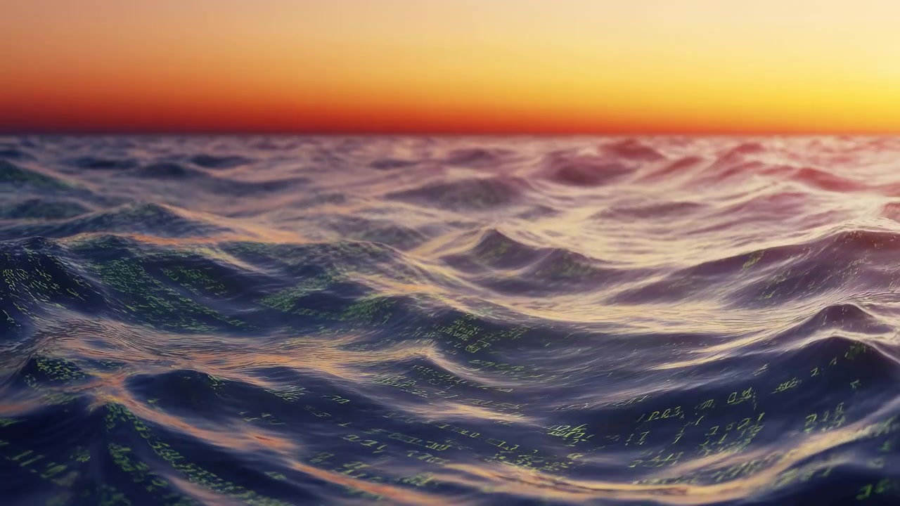 Onde blu ondeggianti salgono e scendono mentre cifre verdi luminose fluttuano sulla loro superficie testurizzata, mentre una morbida luce dorata si diffonde lungo l'orizzonte lontano sotto un cielo arancione.