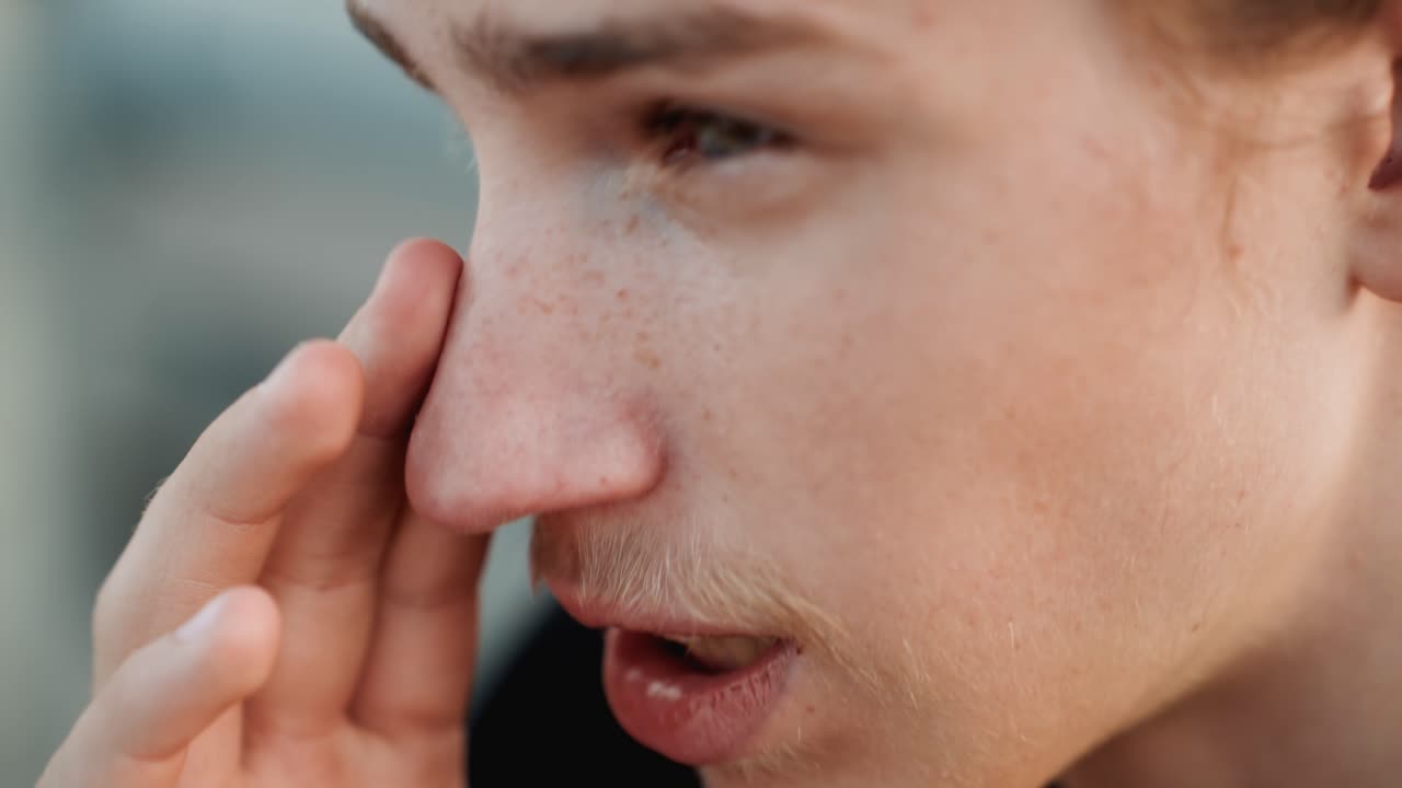 Giovane uomo bianco si strofina il naso, reazione allergica durante una corsa all'aperto, guance lentigginose, leggera barba incolta, primo piano di profilo, dita che premono il ponte nasale, sensibilità stagionale al polline, illuminazione naturale e spontanea.