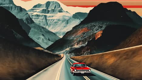 Surreal video concept with a vintage car on a winding road through vibrant mountains