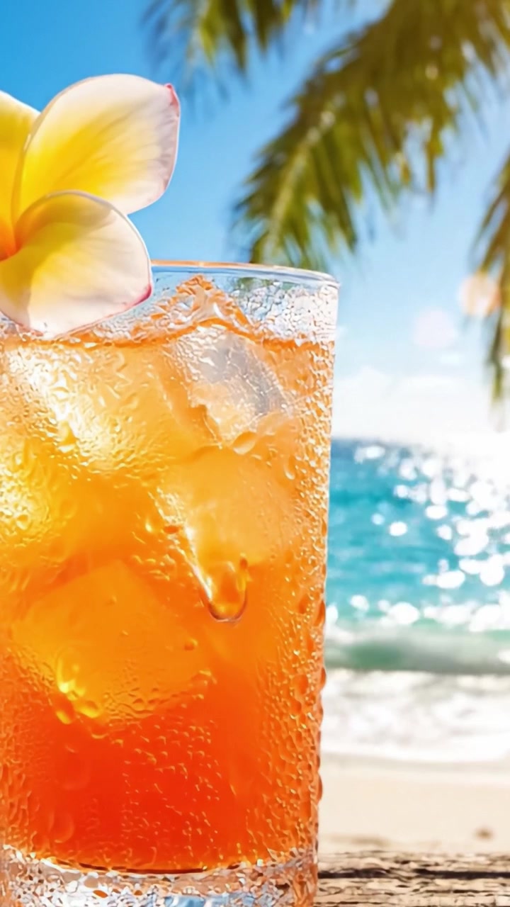 Bevanda tropicale rinfrescante guarnita con un fiore, ambientata su uno splendido sfondo di spiaggia, che cattura l'essenza di un'esperienza di fuga estiva rilassante.