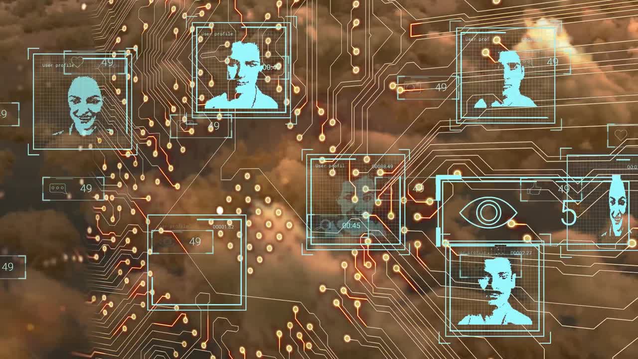 animación de circuitos integrados y usuarios de redes sociales y reacciones en las nubes