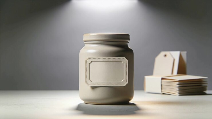 Pulling back camera revealing jar with embossed label on studio light, showing table and tag stack