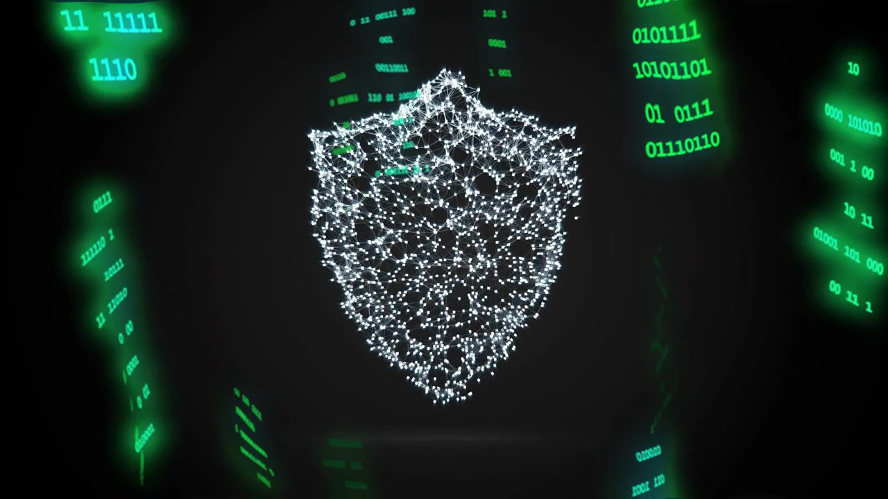 Green binary starting white nodes forming shield panels orbiting shield breaking showing defense