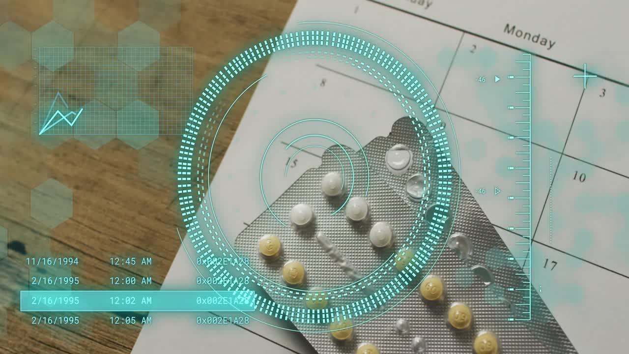 animación del procesamiento de datos sobre pastillas y calendario