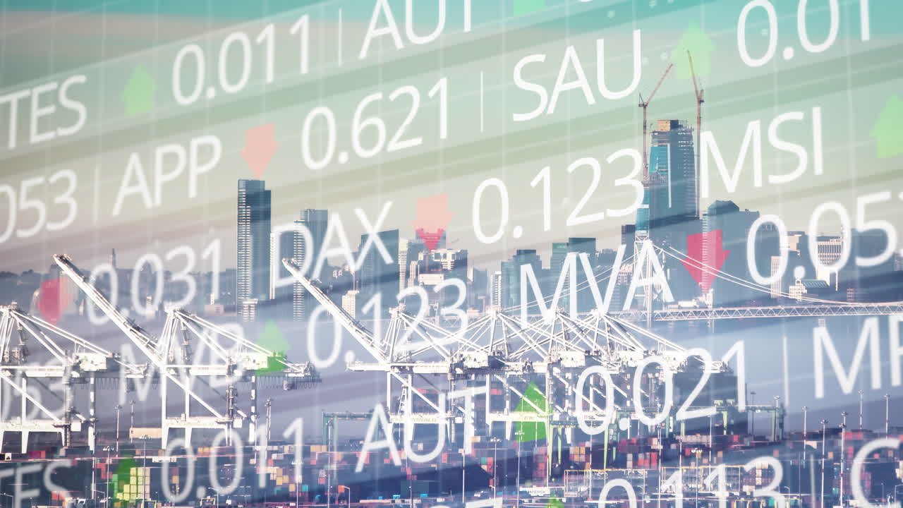 배경에는 도시 재정 성장 일러스트레이션과 함께 손실과 이득을 가진 주식 기호