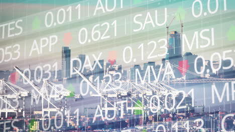 stock symbols with losses and gains with a city finance growth illustration in the background