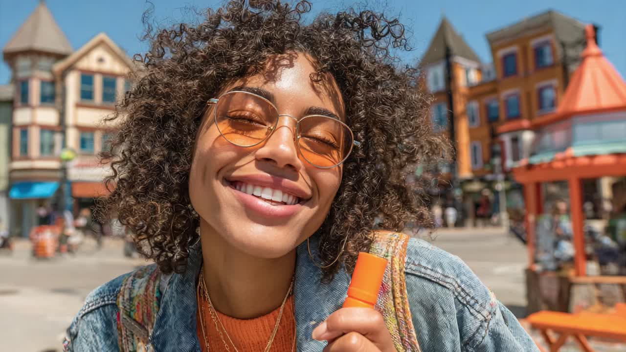 A joyful young woman with curly hair and stylish sunglasses smiling brightly in a vibrant outdoor setting, showcasing a cheerful moment amidst colorful architecture
