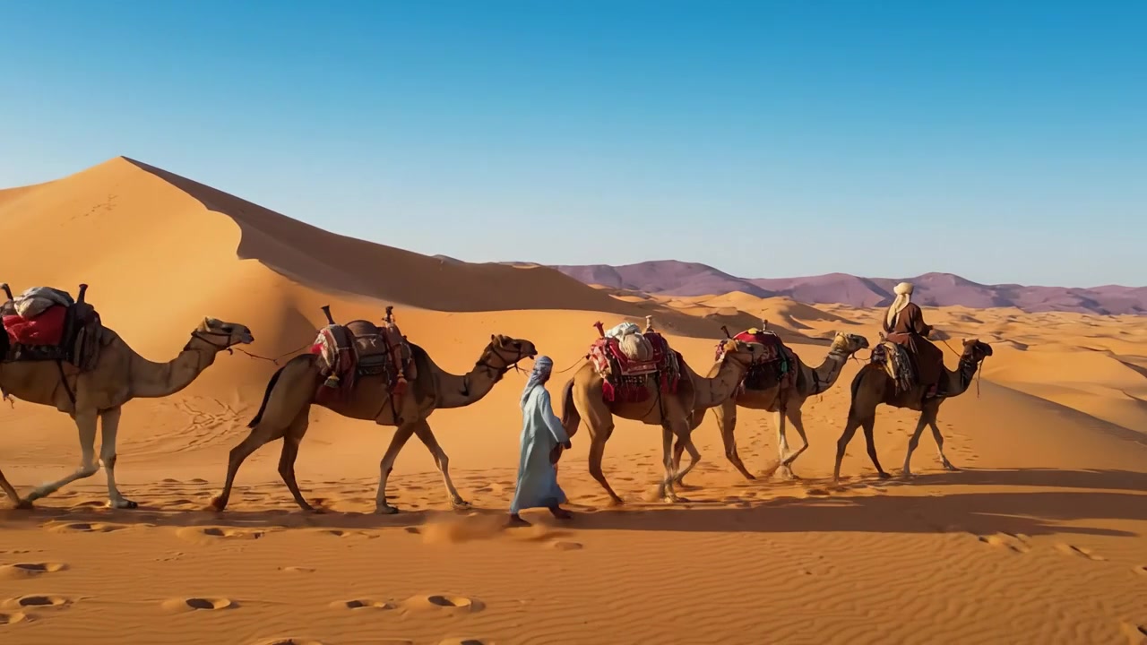 Una carovana viaggia attraverso le sabbie dorate: scene affascinanti di cammelli e viaggiatori nell'ampio paesaggio desertico