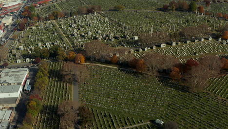 High-angle-view-of-rows-of-tombstones-on-Calvary-Cemetery.-Large-and-historic-burial-place.-Busy-expressway-in-background.-Queens,-New-York-City,-USA