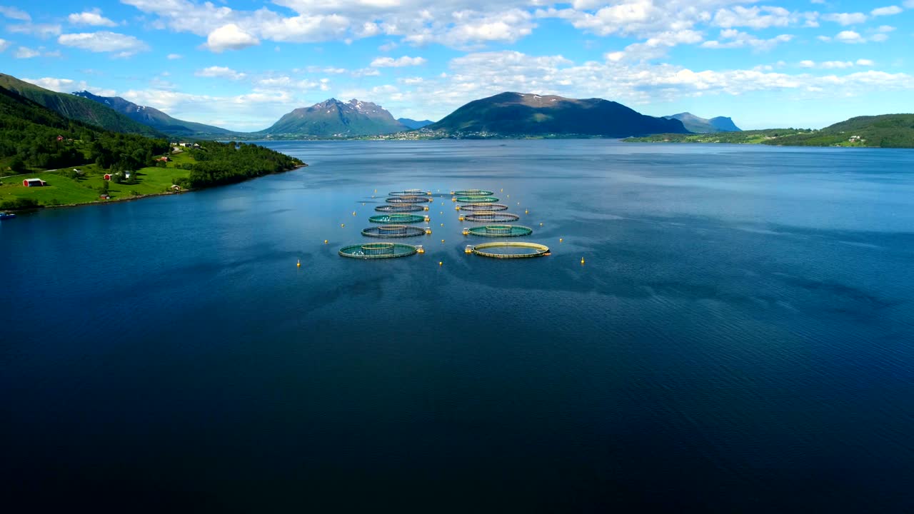 imágenes aéreas de granjas de pesca de salmón en noruega