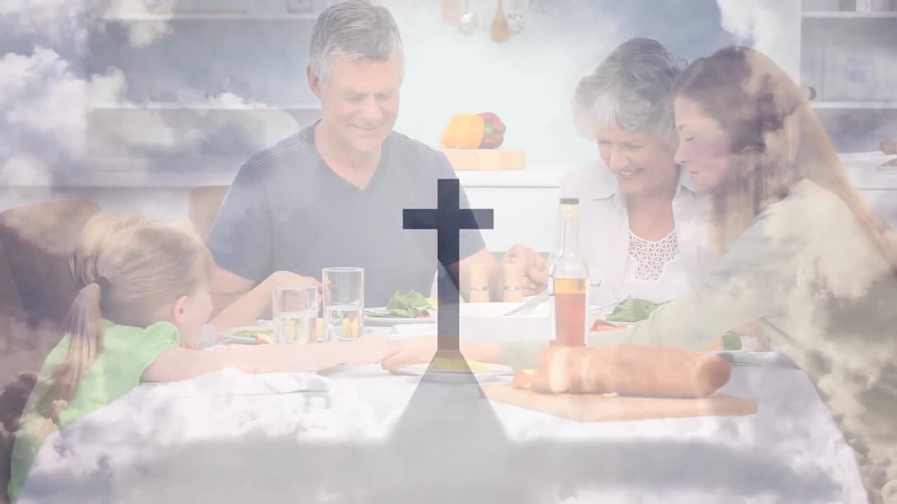 기도 하는 백인 가족 위 에 그늘 을 던지는 그리스도인 십자가 의 애니메이션