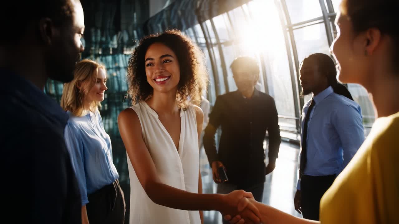 Engaging Connections: A Group of Diverse Individuals Sharing Smiles and Warm Gestures in a Bright and Modern Indoor Setting, Illustrating the Essence of Networking and Building Relationships
