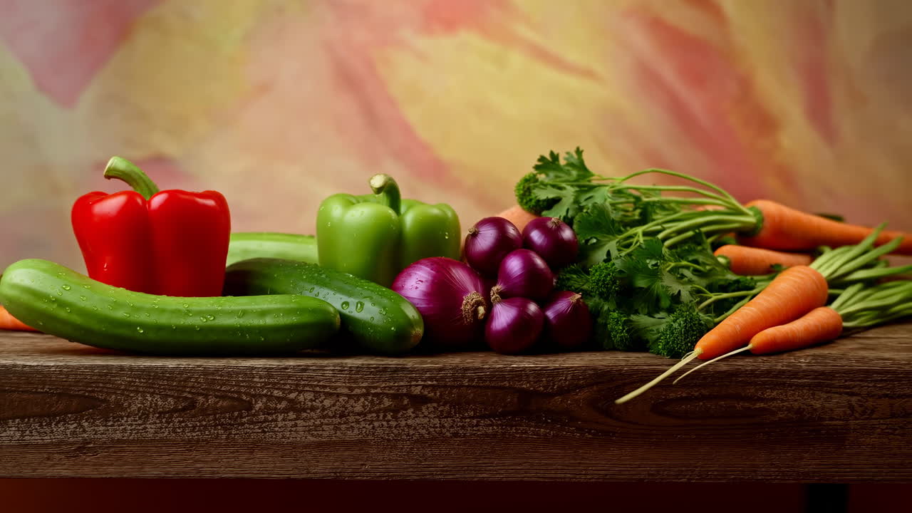 Verdure fresche e vivaci su un bancone di legno, chef che prepara prodotti biologici colorati per una scena di cucina rustica.