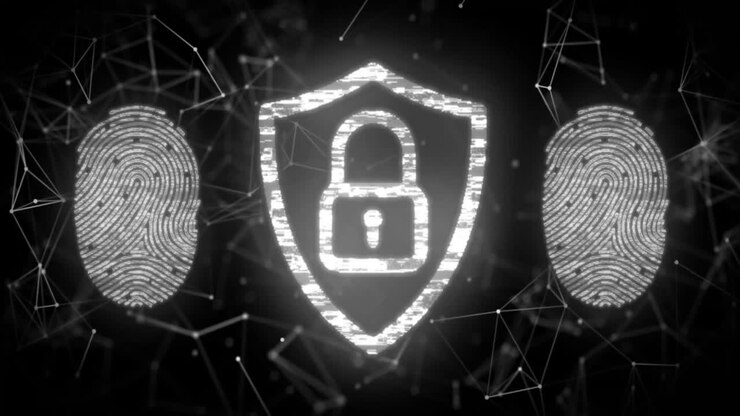 Digital security shield and fingerprint animation over network connections