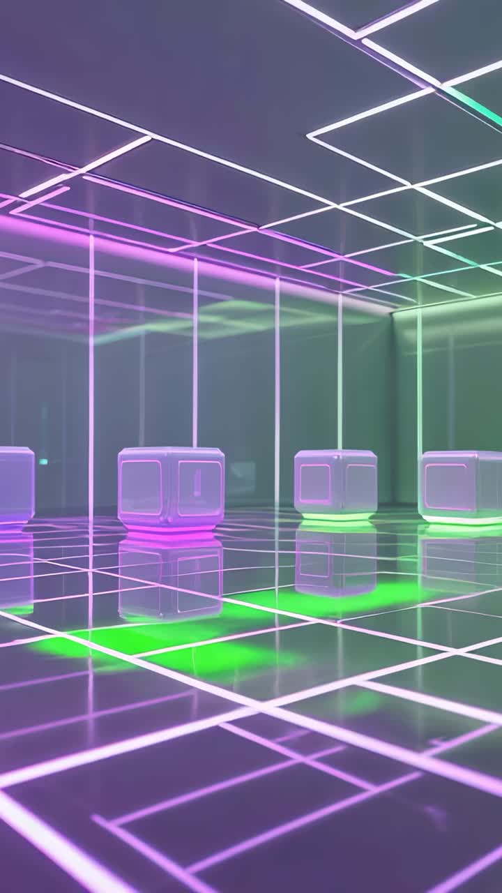 Video verticale: la telecamera si sposta in avanti rivelando cubi luminosi che pulsano in una camera con griglia al neon