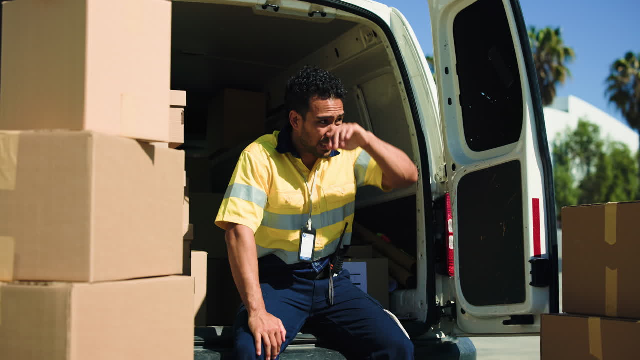 Tired Delivery Man Resting in Back of Van with Cardboard Boxes