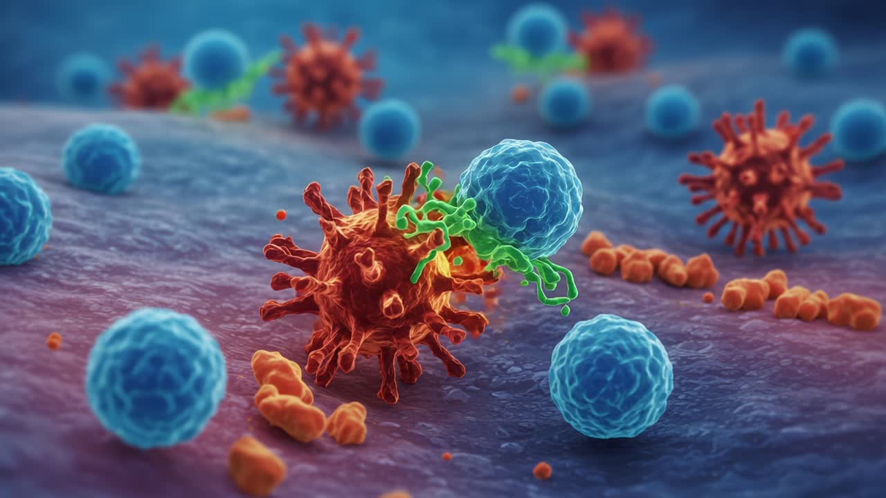 Microscopic Battle: Immune Cells Engaging with Pathogens in a Vibrant and Complex Cellular Environment Depicting Interactions at the Cellular Level
