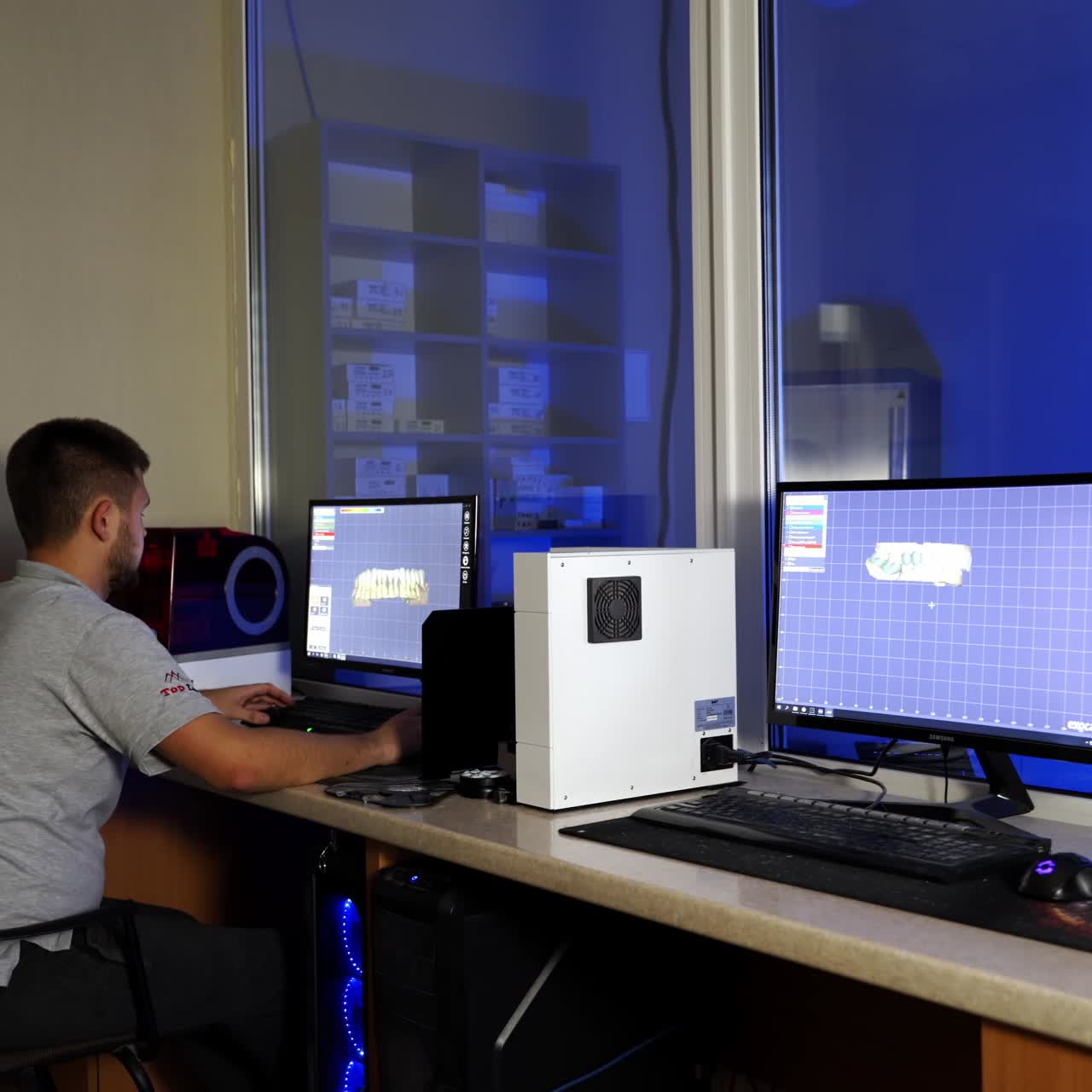Dentist working with dentures in laboratory