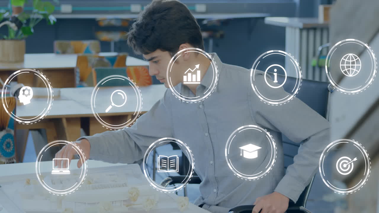 animación de múltiples iconos digitales contra un hombre nativo americano trabajando en su plan en la oficina