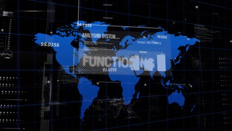 Animation-of-graphs,-data-and-world-map-on-black-digital-screen