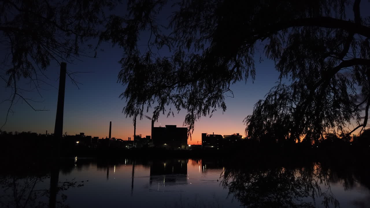 Magic hour at Ashbridges Bay in Toronto, foreground trees, water treatment plant silhouetted against the sky in the background, wide shot