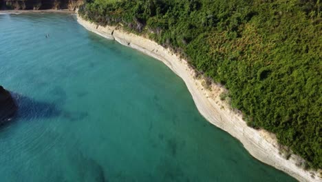 Vista-Aérea-De-La-Costa-De-La-Isla-De-Corfú-Con-árboles-Verdes,-Vegetación-Natural-No-Contaminada-Y-Agua-Mediterránea-Clara-Y-Prístina