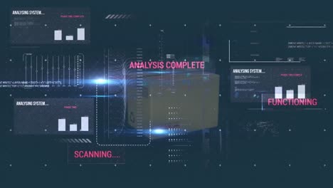 Digital interface with data processing against delivery box falling against blue background