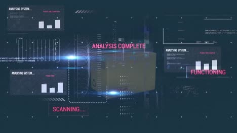 digital interface with data processing against delivery box falling against blue background