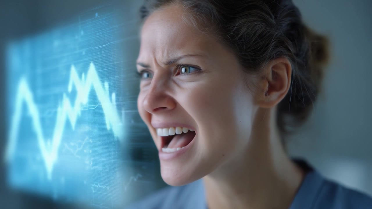Intense Reaction: A Woman Expressing Emotion with Digital Data Visualization Enveloping Her, Capturing a Moment of Frustration and Energy in a Modern Context