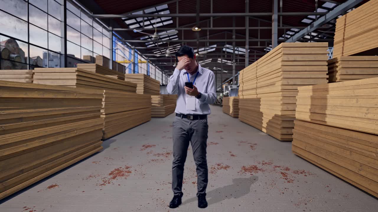 Inquadratura a figura intera di un lavoratore asiatico professionista con il suo smartphone, mentre ispeziona un magazzino di legname. Annuisce con aria delusa.