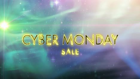 Animation-of-cyber-monday-sale-text-on-fire-over-glowing-green-to-purple-background
