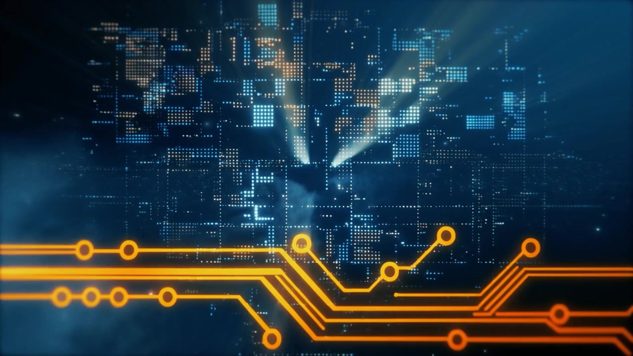 Digital Circuit Board Animation with Glowing Data Network