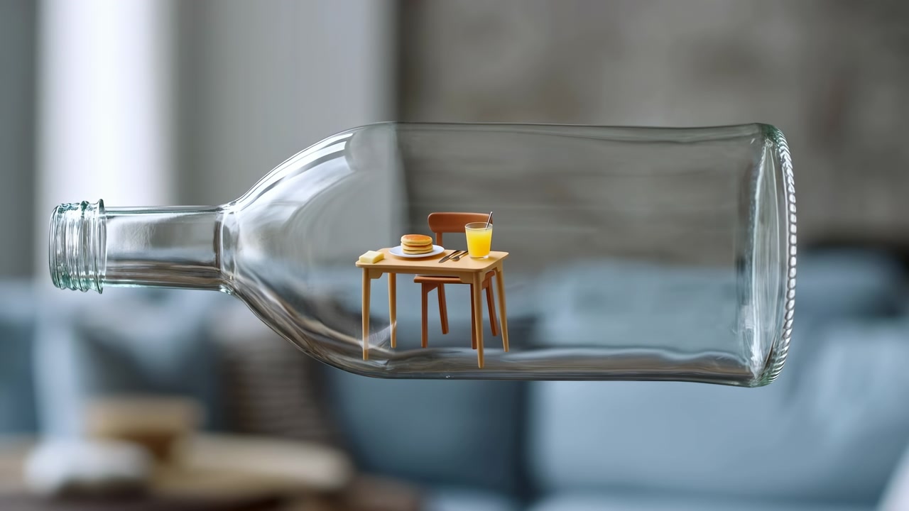 Primo piano di una bottiglia di vetro trasparente posata orizzontalmente, contenente un minuscolo tavolo e una sedia di legno con una colazione a base di pancake su un piatto bianco e succo d'arancia, illuminata da una luce soffusa proveniente dalla finestra con riflessi