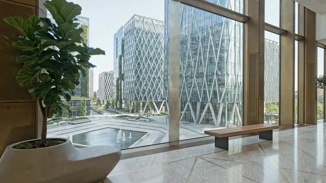 Lobby de Escritório Corporativo Moderno e Interior de Vidro com Vista para o Horizonte da Cidade