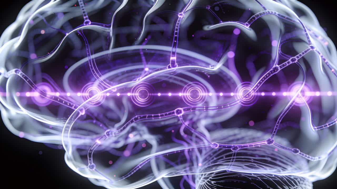 Glass brain with pulse appearing left, moving right along purple band nodes, showing biotech flow
