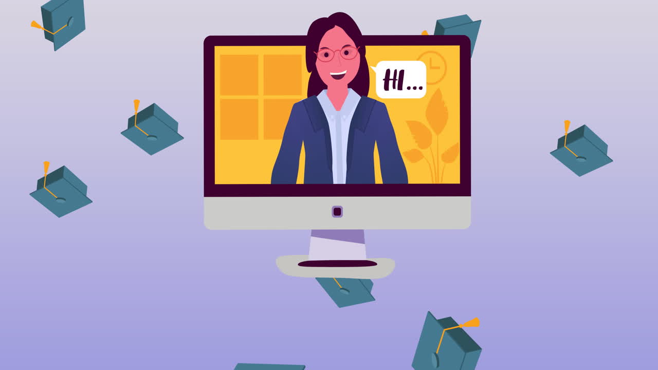 Animation of falling mortarboards and woman on computer screen saying hi, on light purple